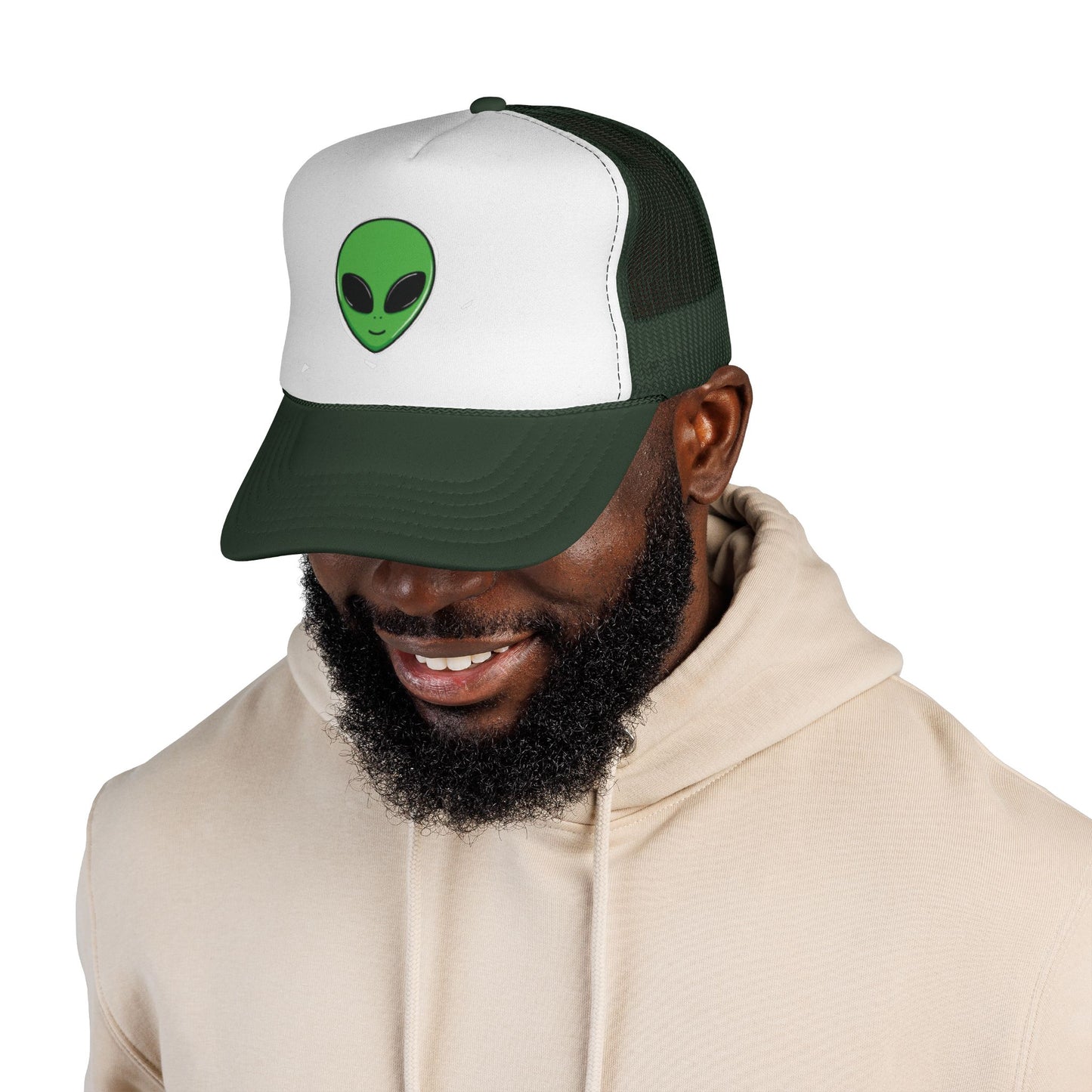 Green Alien Trucker Hat – Cute UFO Alien Face Mesh Cap