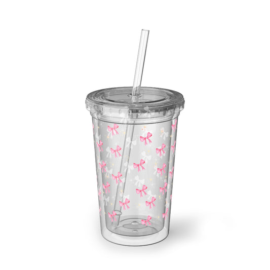 ' Pink Bow Acrylic Tumbler - Clear Reusable Cup with Straw