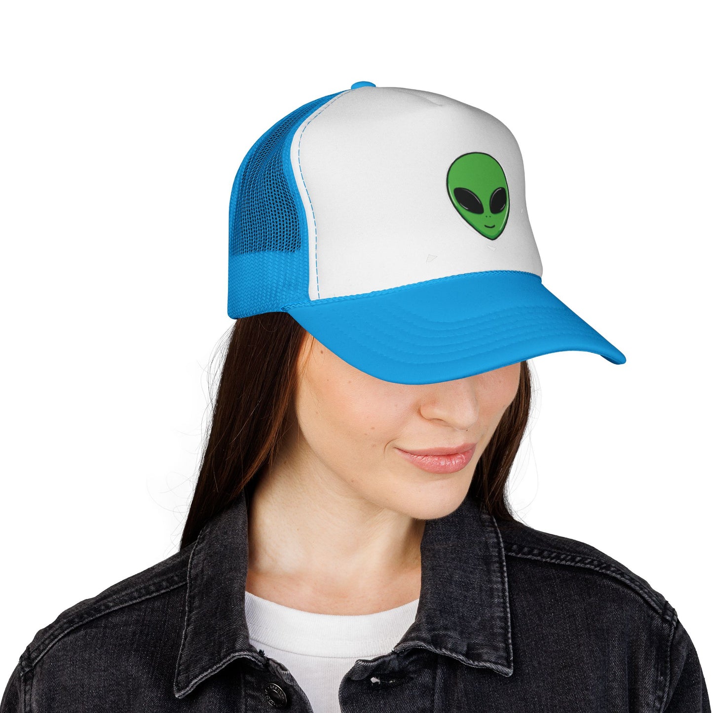 Green Alien Trucker Hat – Cute UFO Alien Face Mesh Cap