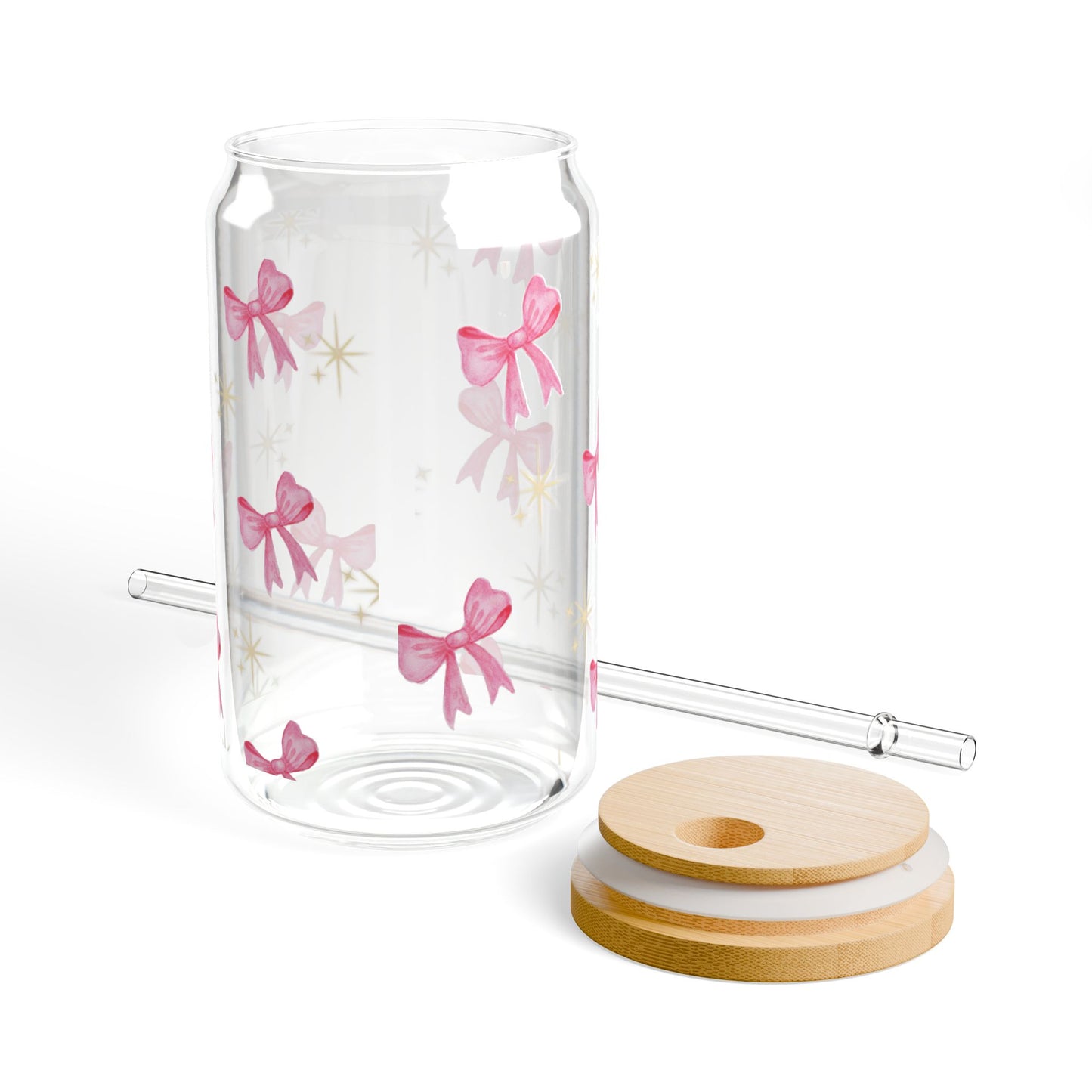 Pink Bow Sipper Glass — 16oz Glass Tumbler with Straw