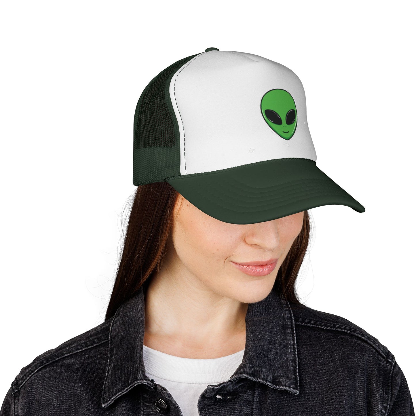 Green Alien Trucker Hat – Cute UFO Alien Face Mesh Cap