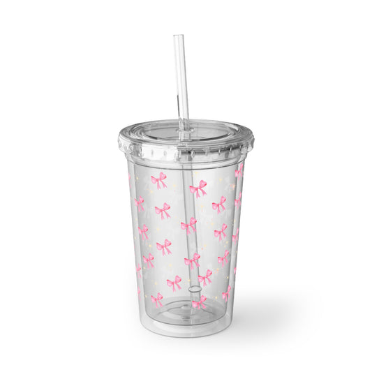 ' Pink Bow Acrylic Tumbler - Clear Reusable Cup with Straw
